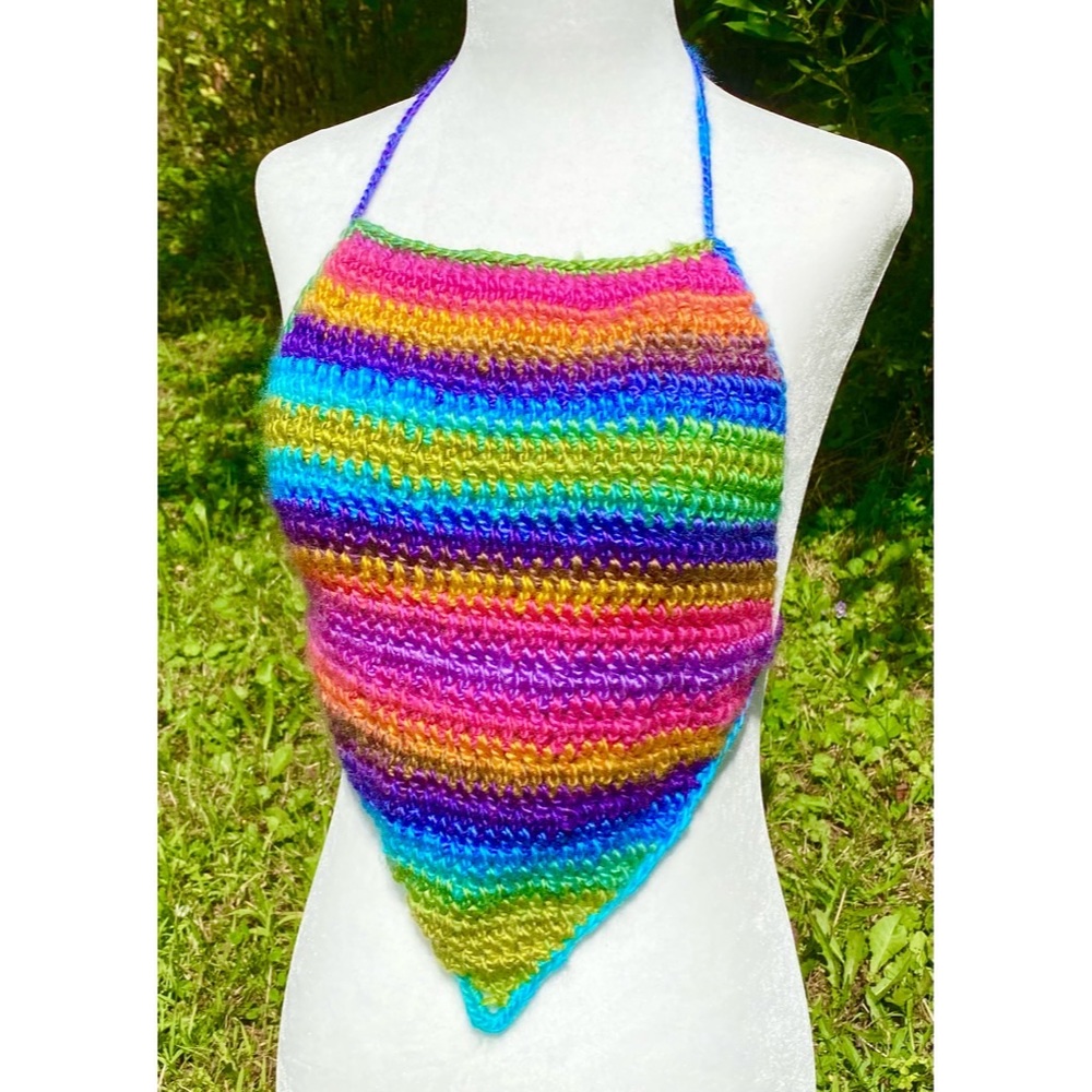 ✨🌈💫Handmade Crochet Rainbow Cropped Halter Top